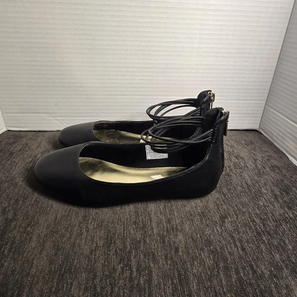 Nine West Girls Black Ankle Strap Ballet Flats Round Toe‎ Back Zip Size 3